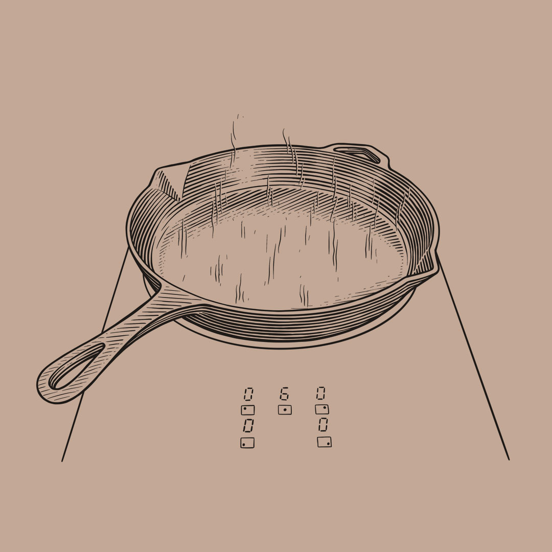 Line illustration of a cast iron skillet