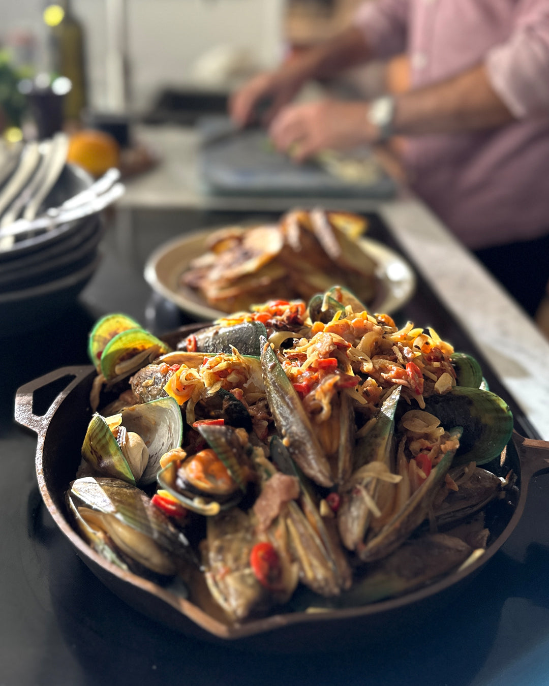 Steamed Mussels with Bacon, Tomato and Coconut